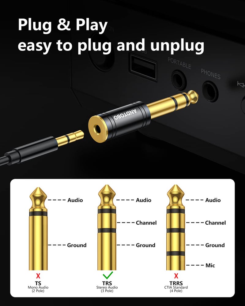 ANDTOBO 1/4 inch Male to 3.5mm Female Stereo Audio Jack Pure Copper Adapter for Headphone, Amp, 2 Pack-Black - Image 5